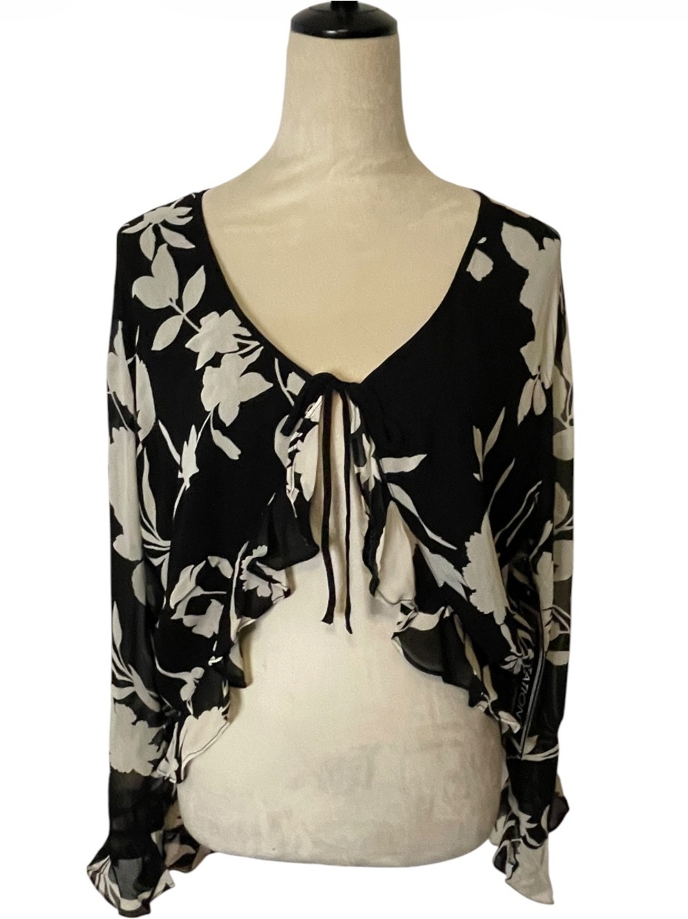90s Deadstock Temptation Floral Ruffle Tie Front Shrug Cardigan L NWT